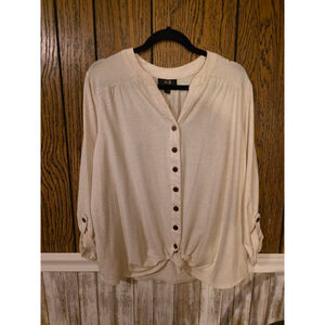 Women's AGB Beige Long Sleeve Blouse with Tie Front, Size L